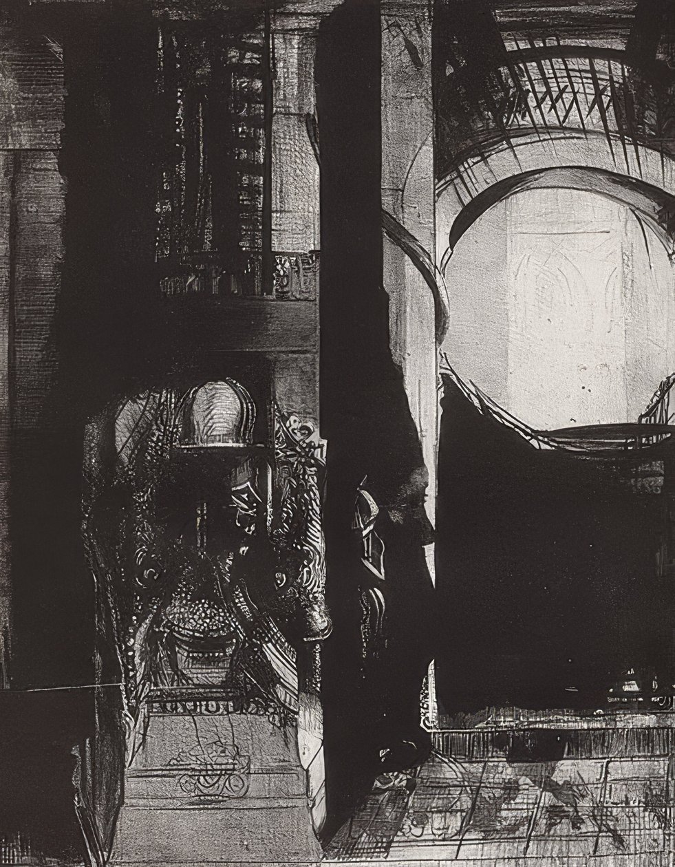 Et partout se sont des colonnes de basalte, la lumière tombe des voûtes, feuille 3 de la série La Tentation de Saint-Antoine - Odilon Redon