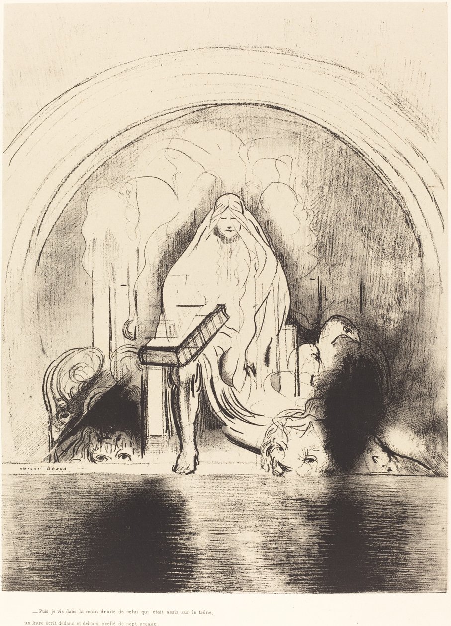 Puis je vis, dans la main droite de celui qui était assis sur le trône, un livre écrit dedans et dehors, scellé de sept sceaux - Odilon Redon