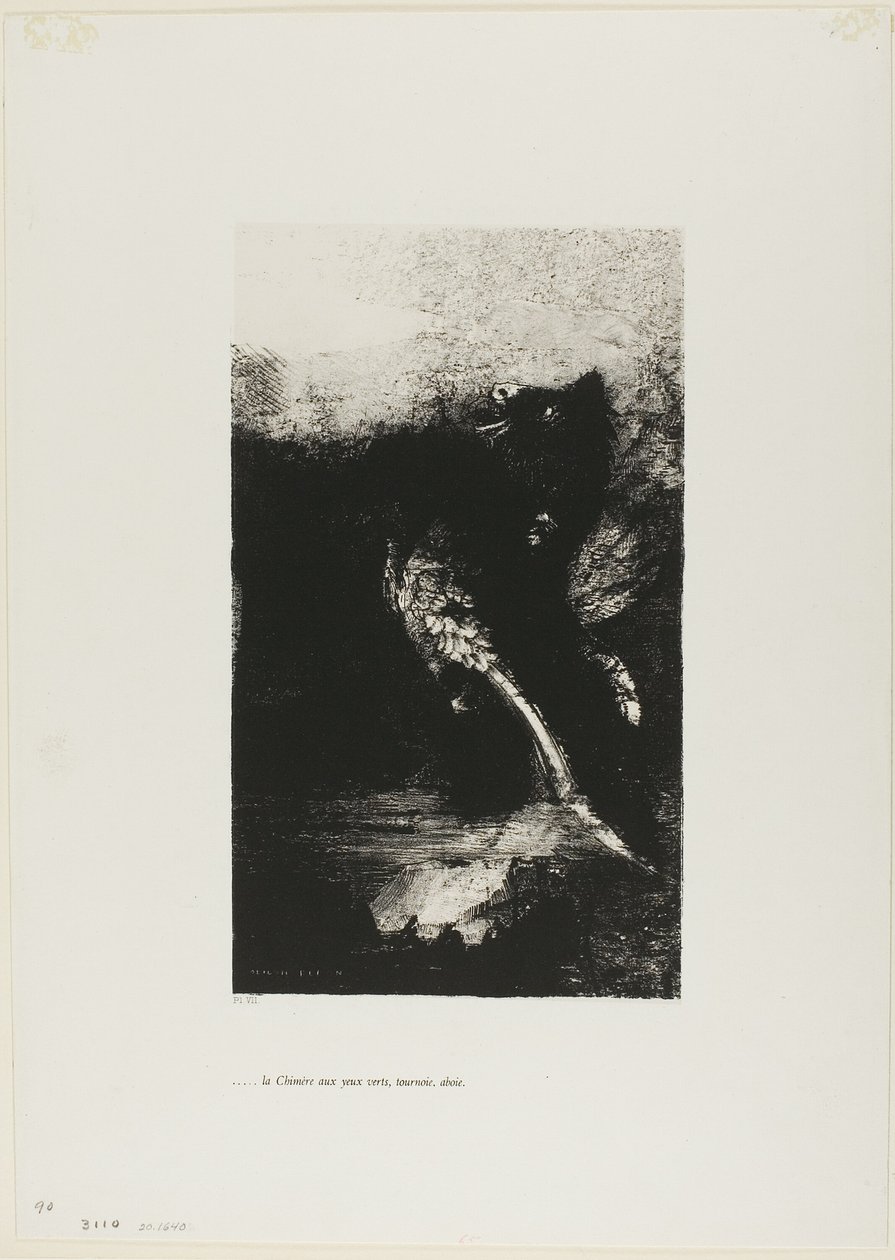 La Chimère aux yeux verts se retourne, hurle, planche 7 de La Tentation de Saint Antoine (1ère série) - Odilon Redon