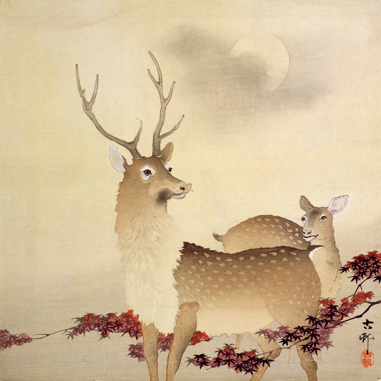 Un cerf et son jeune sous la lune - Ohara Koson