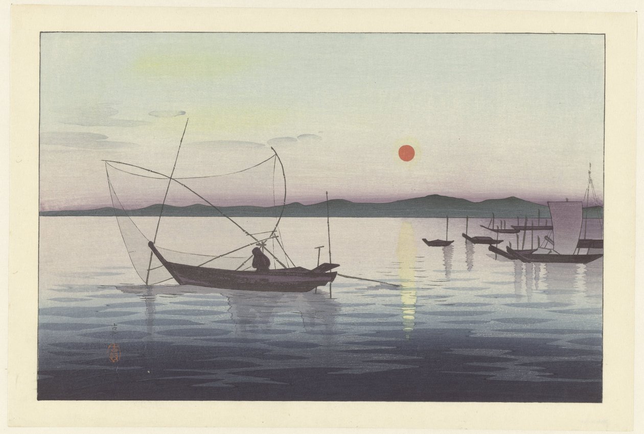 Bateaux et coucher de soleil - Ohara Koson