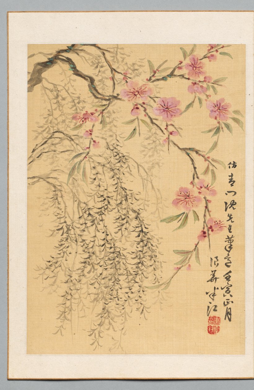 Fleurs de pêcher et saules - Okada Hanko