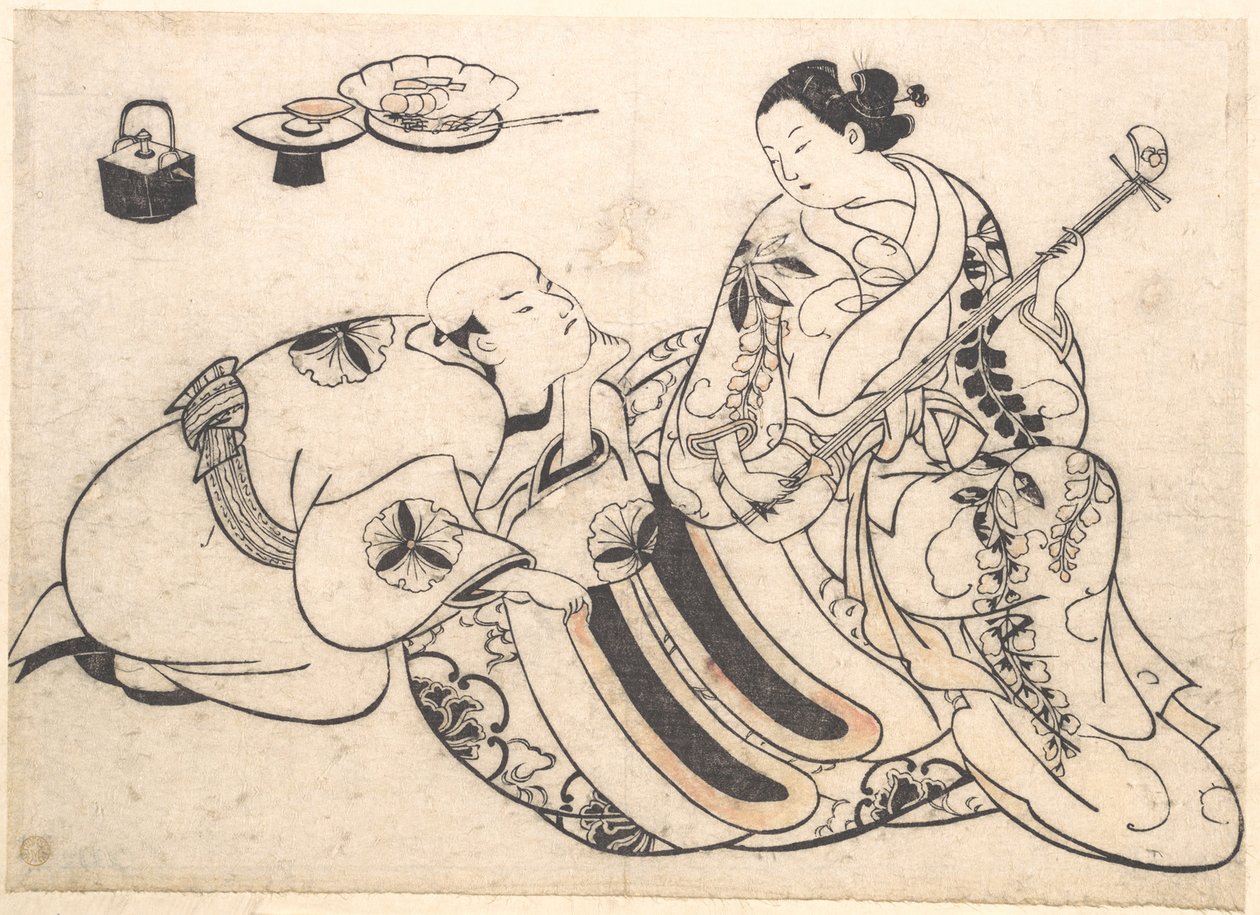 Un homme agenouillé, penché en avant et écoutant une oiran qui joue du shamisen - Okumura Masanobu