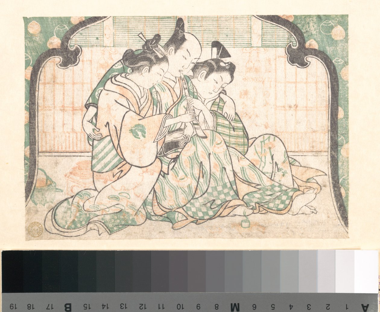 Un jeune homme assis entre deux femmes - Okumura Masanobu