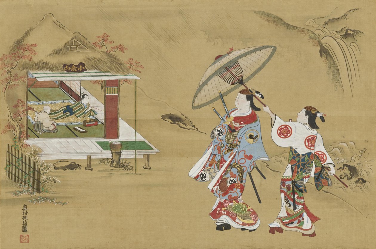 Allusion à la chaumière de Fujiwara no Teika au mont Ogura - Okumura Masanobu