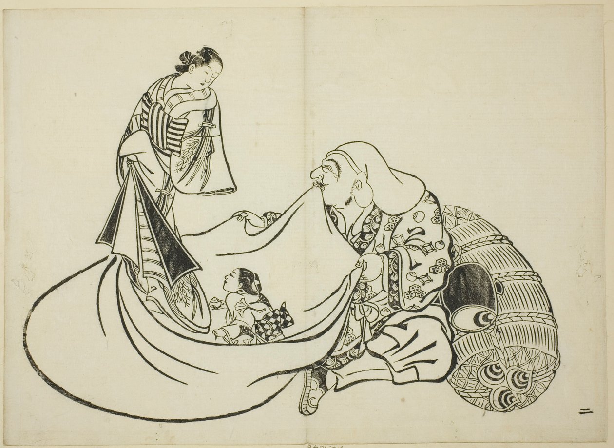 Daikoku révélant le contenu du sac de Hotei, n° 2 de la série de 12 estampes - Okumura Masanobu