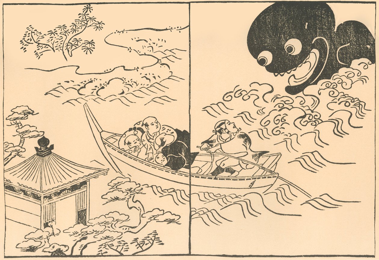 Hommes dans un bateau menacés par un monstre marin - Okumura Masanobu