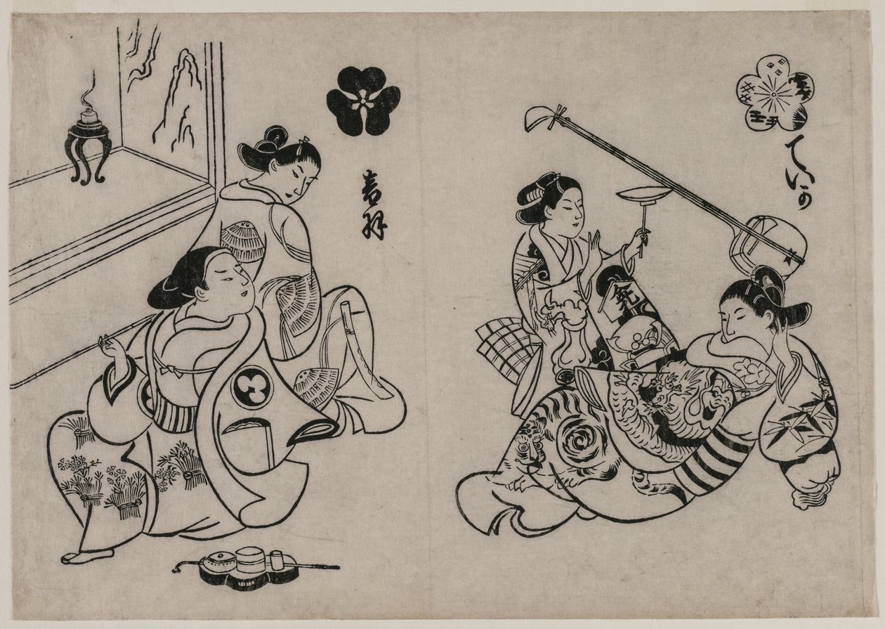 Trois courtisanes avec un client - Okumura Masanobu