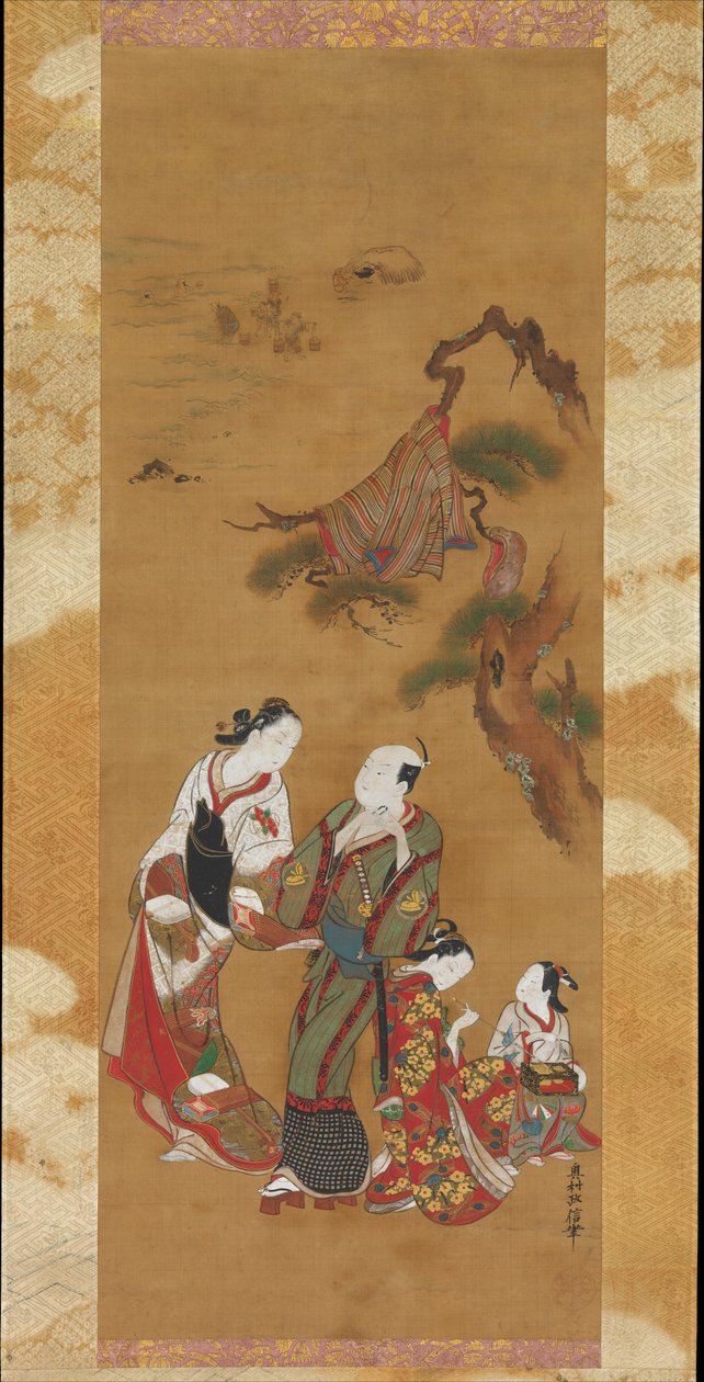 Yukihira und zwei Bräutjungfern in Suma - Okumura Masanobu
