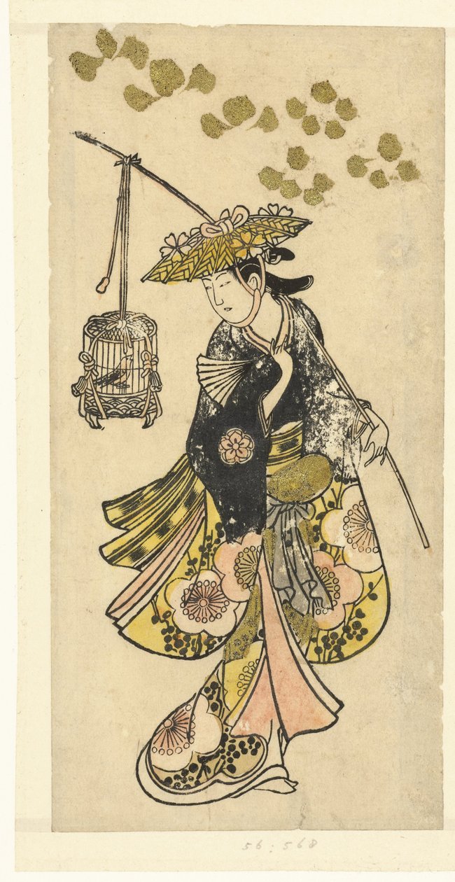 Jeune femme avec cage à oiseaux - Okumura Toshinobu (attributed to)