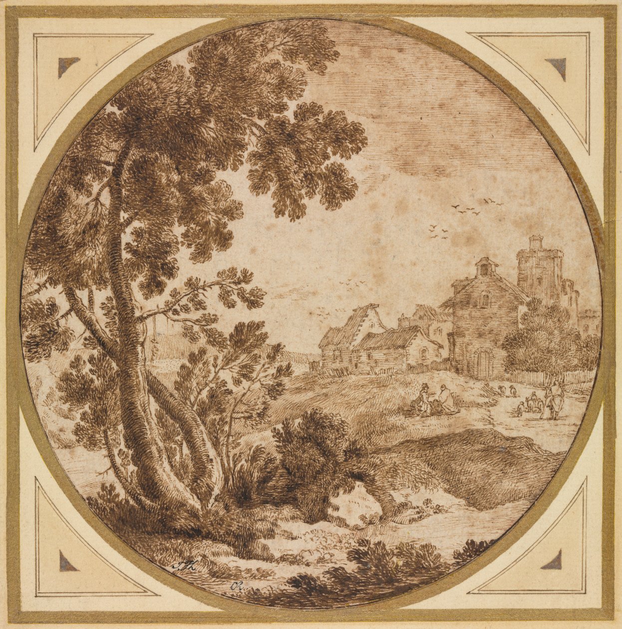 Paysage avec bâtiments et figures - Onorio Marinari