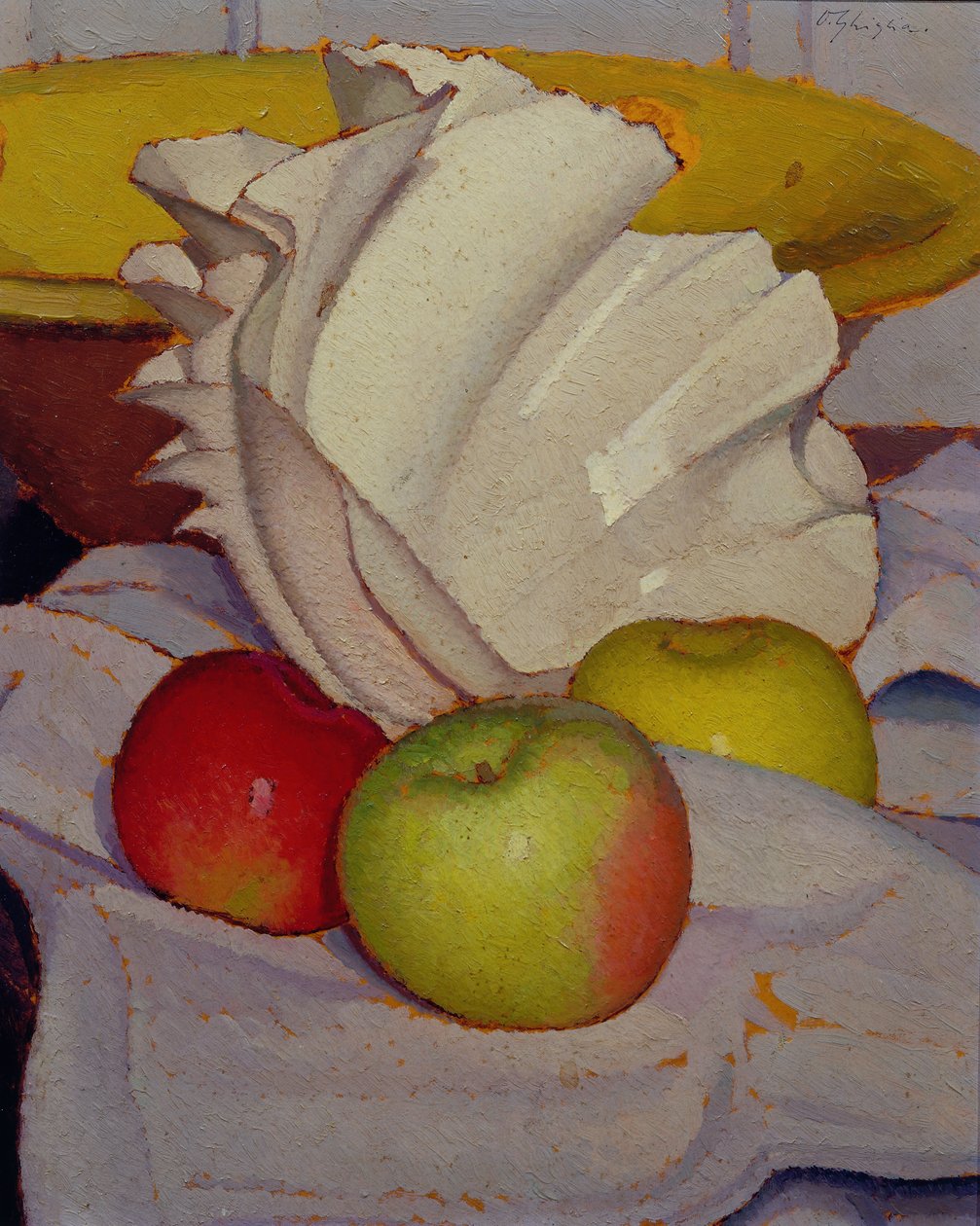 Composition avec coquillage et trois pommes - Oscar Ghiglia