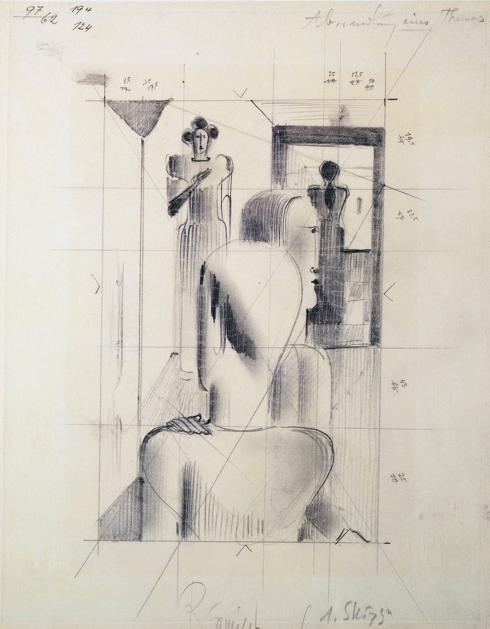 Figures dans une pièce, par Oskar Schlemmer, crayon sur papier. Allemagne, 20e siècle - Oskar Schlemmer