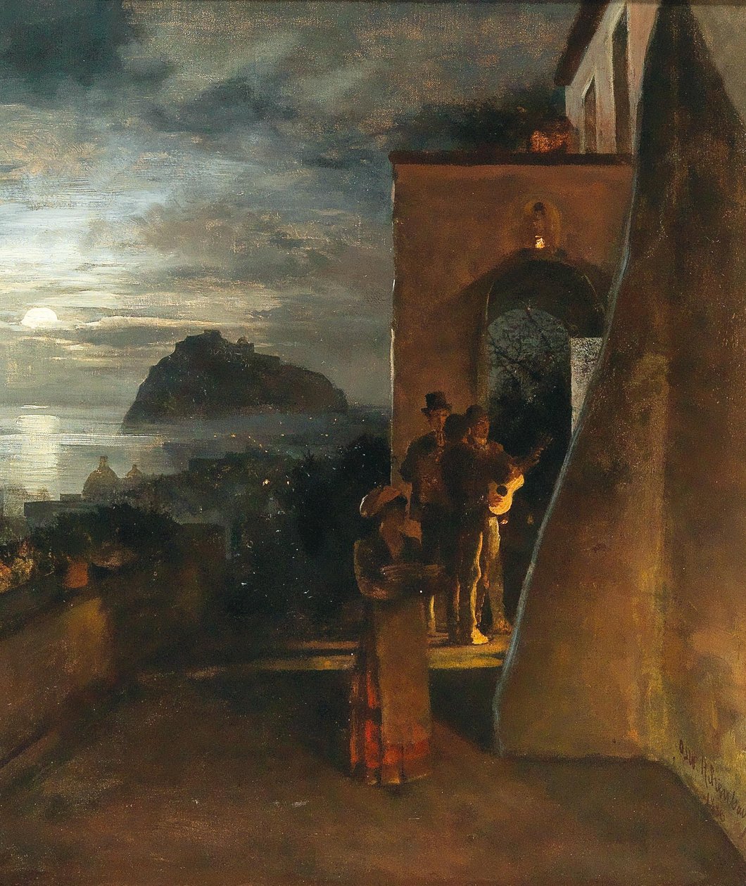 Sérénade du soir sur Ischia, Castello Aragonese en arrière-plan - Oswald Achenbach