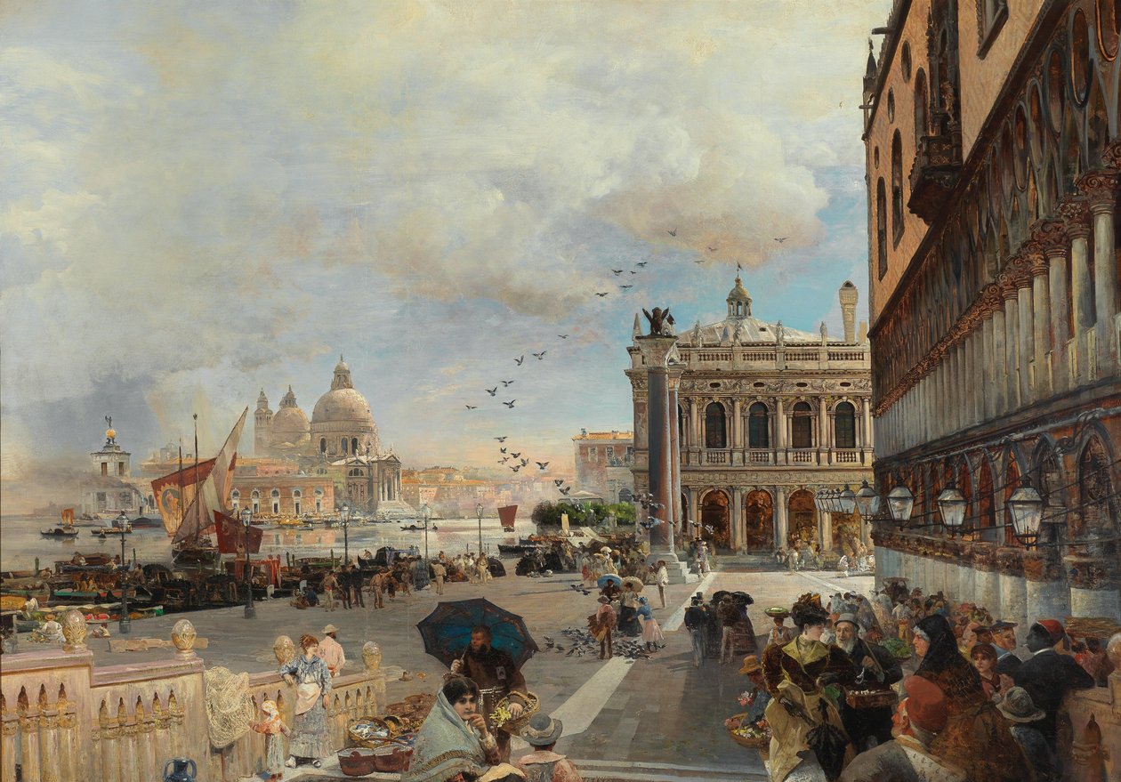 Venise, vue de la Piazzetta, avec la Biblioteca Marciana, Santa Maria della Salute et la Dogana - Oswald Achenbach