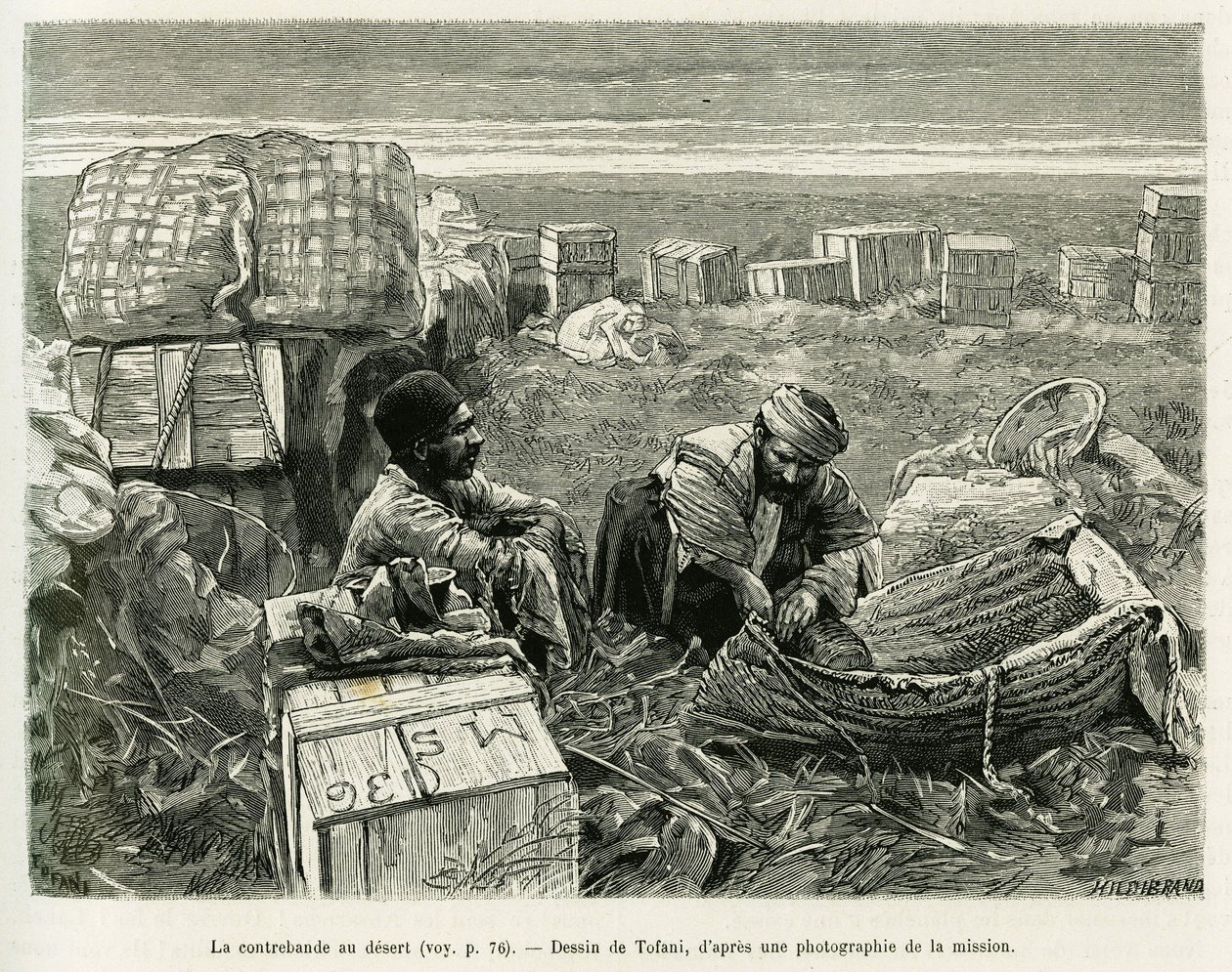 Contrebande de fouilles archéologiques dans le désert persan. Gravure par Tofani, pour illustrer l