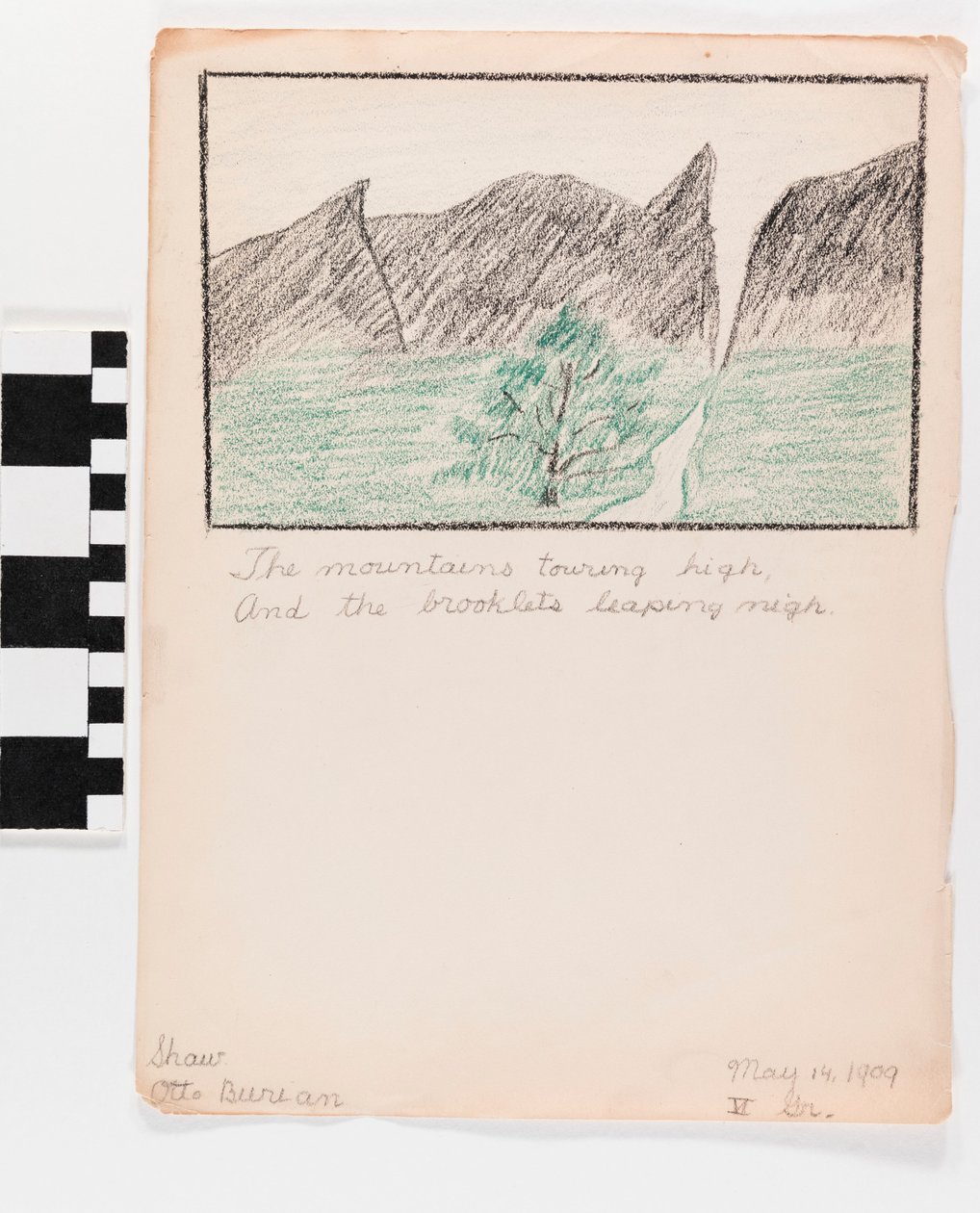 Illustration au crayon sur papier de montagnes avec poème en dessous - Otto Burian