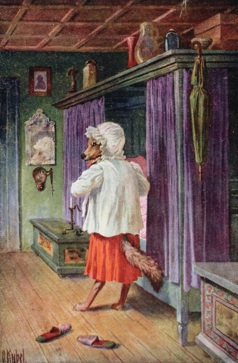 Carte postale représentant le loup déguisé en grand-mère du Petit Chaperon Rouge - Otto Kubel