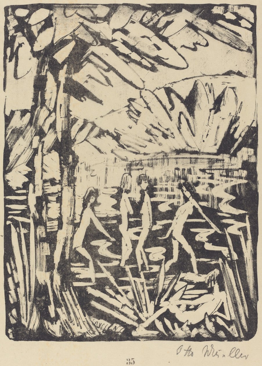 Cinq filles à un étang forestier - Otto Müller