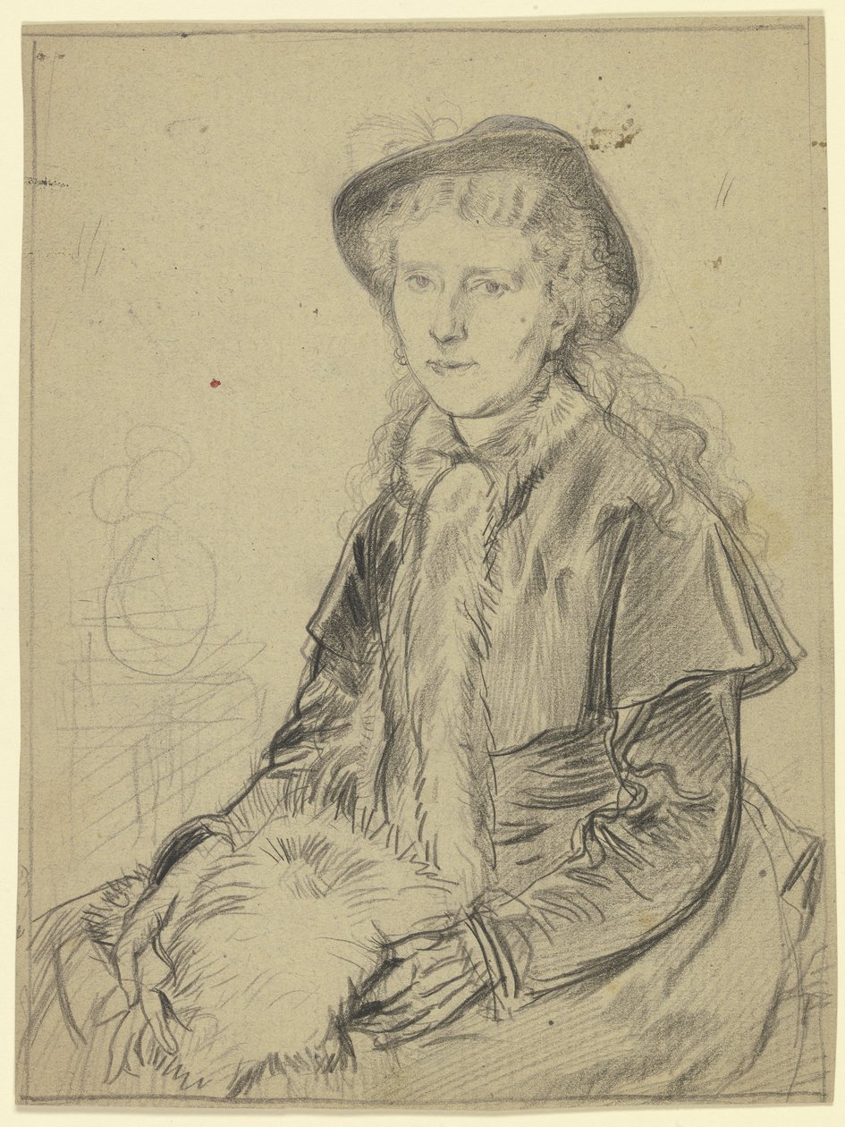 Luise Scholderer assise, en costume de voyage avec manchon - Otto Scholderer