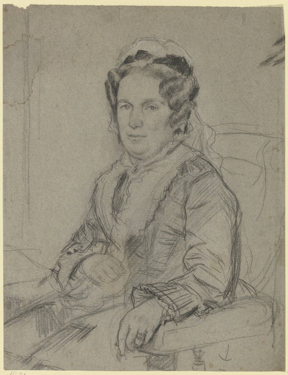 Femme âgée assise, coiffée d