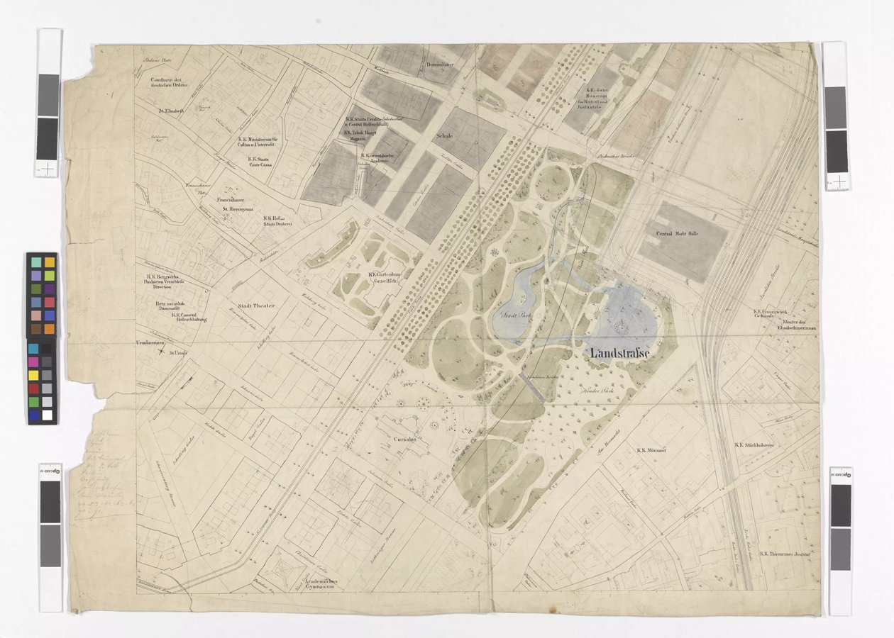 Plan général de régulation : extrait de feuille de carte de la partie orientale de la ville intérieure et de la Ringstraße, parc municipal et halles centrales - Otto Wagner