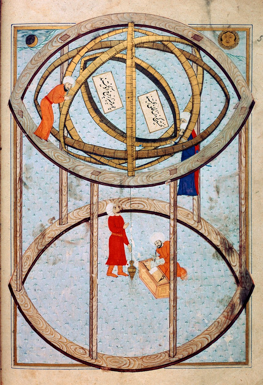 Astronomes manipulant une énorme sphère armillaire et des outils pour mesurer la longitude et la latitude Miniature du manuscrit ms. FY 1404 « Sehinsahname » (ou Shahinshah-nama) « L