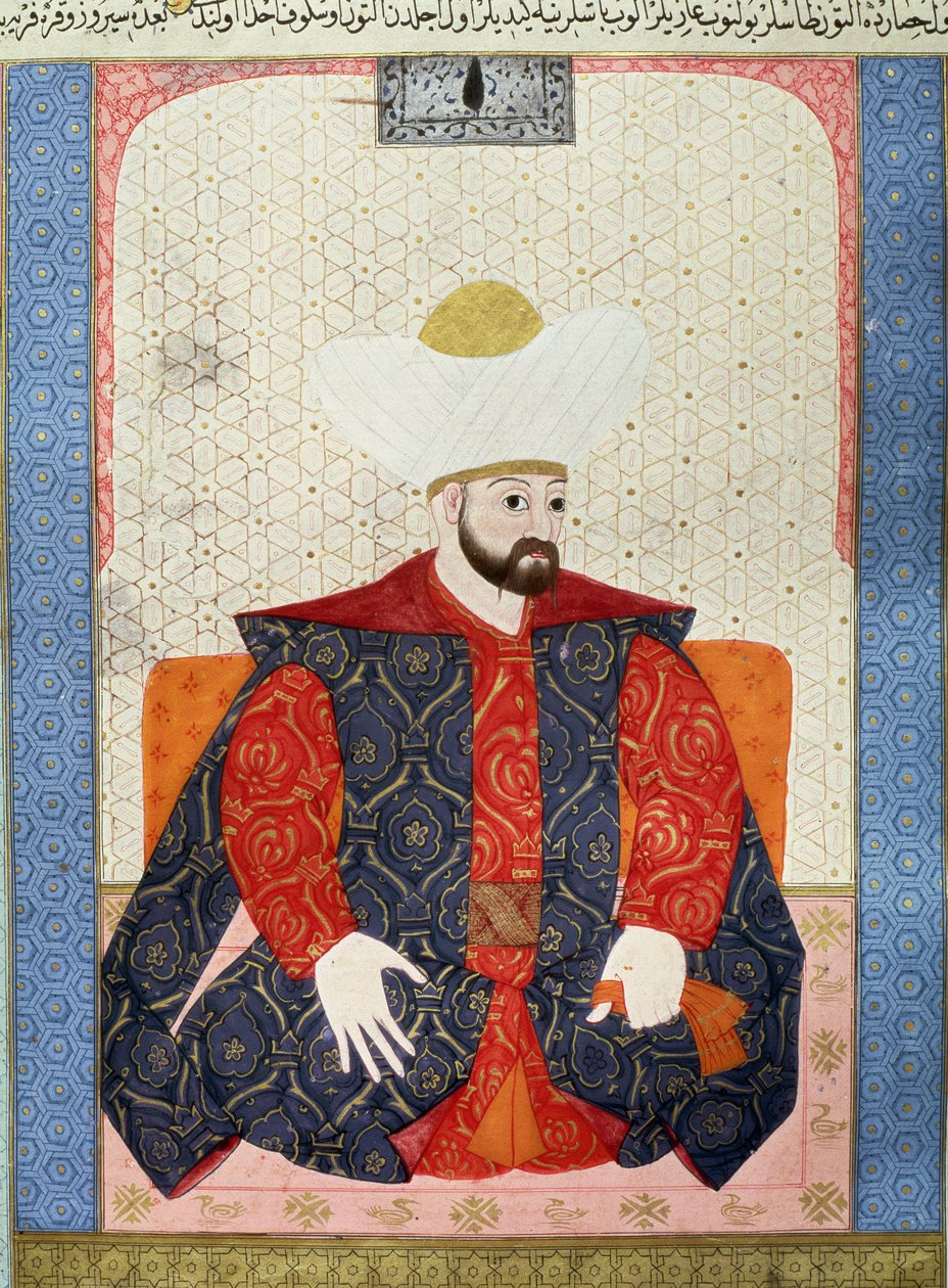 Empire ottoman : Portrait du sultan ottoman Murad I (1326-1389). Miniature du manuscrit « Zubdatat-al-Tawarikh » (Crème des Histoires) par l