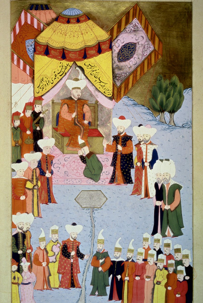 Sultan Bayezid I et sa cour. Miniature du « Hunername » de Lokman, vol. 1 (H 1523, f.7) 1584. Bibliothèque du musée du palais de Topkapi, Istanbul - Ottoman School