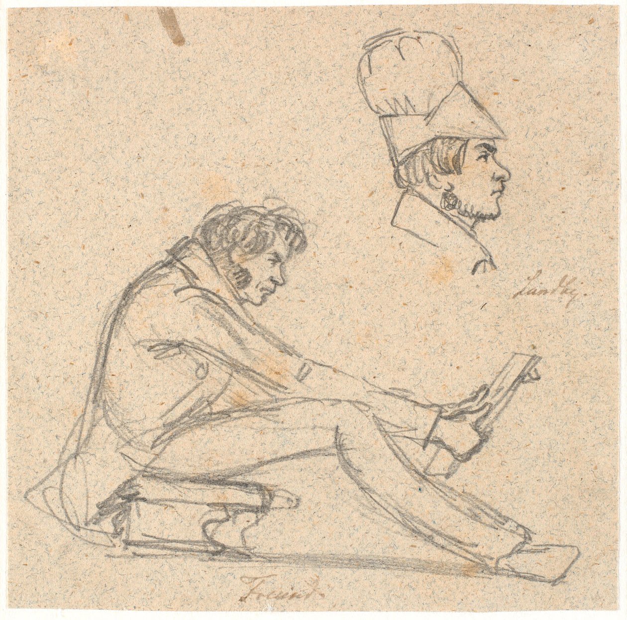 H.E. Freund assis sur un tabouret et regardant un dessin. En haut à droite, portrait de profil de J. Th. Lundbye. - P.C. Skovgaard