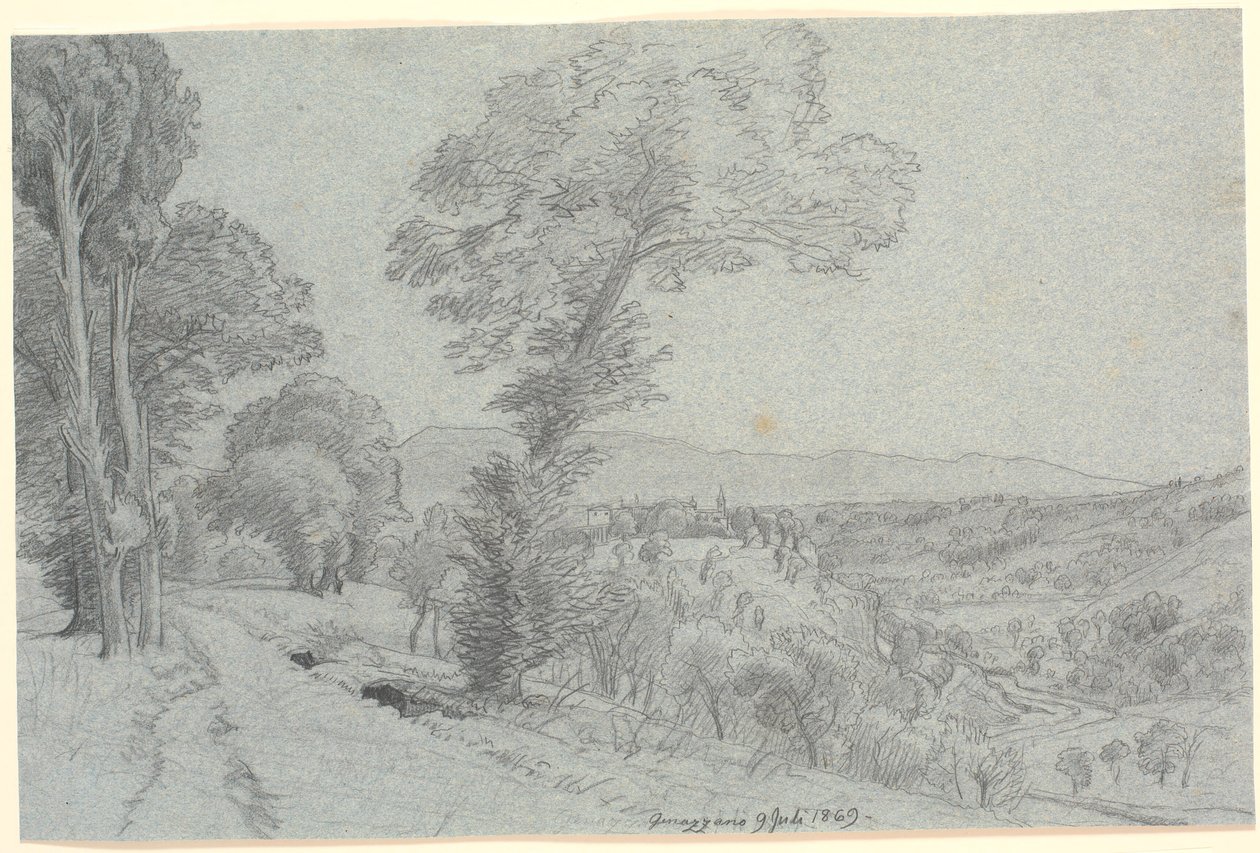 Paysage de montagne italien avec vue sur "Genazzano 9 juillet 1869" - P.C. Skovgaard