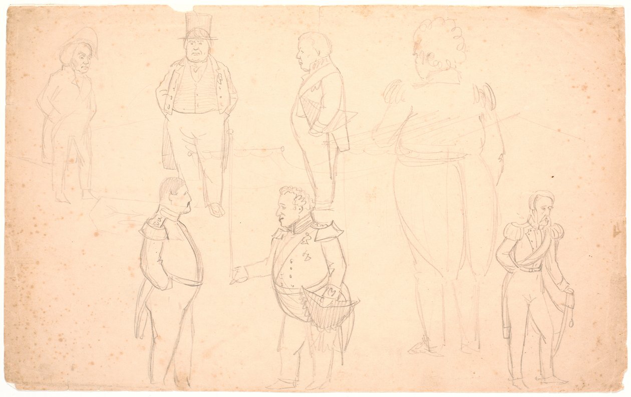 Caricature de A.S. Ørsted, Frederik VII, Christian VIII et probablement Frederik VI - P.C. Skovgaard