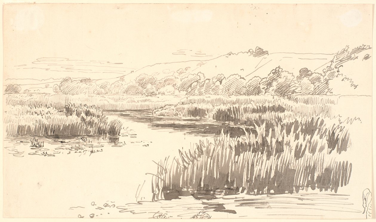 Paysage avec une rivière bordée de grands roseaux. Collines en arrière-plan. Probablement Vejle - P.C. Skovgaard