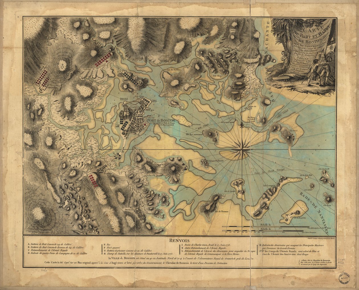 22,000. Main colorée. Relief montré par des hachures. Profondeurs montrées par des sondages. Cette carte a été copiée sur un plan original apporté à la cour d