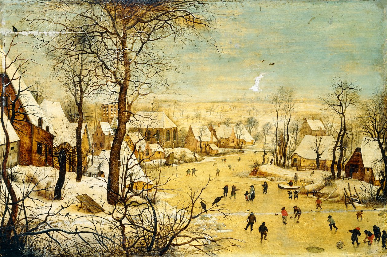 Un village en hiver avec un piège à oiseaux et des patineurs sur une voie d