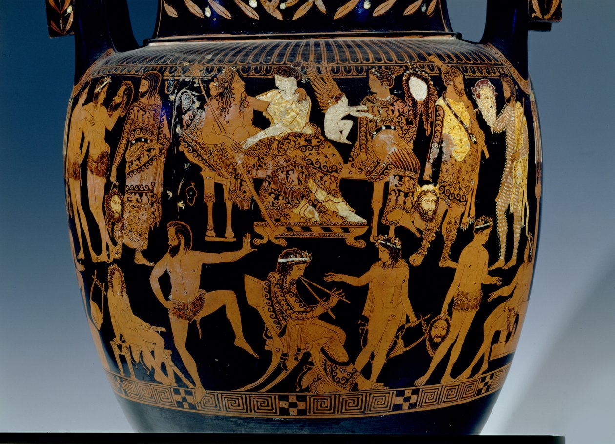 Crater à volutes à figures rouges attiques, détail de la scène des acteurs et musiciens se préparant pour une représentation devant Bacchus et Ariane, grec, de Ruvo, 5ème siècle av. J.-C. - Painter Pronomos