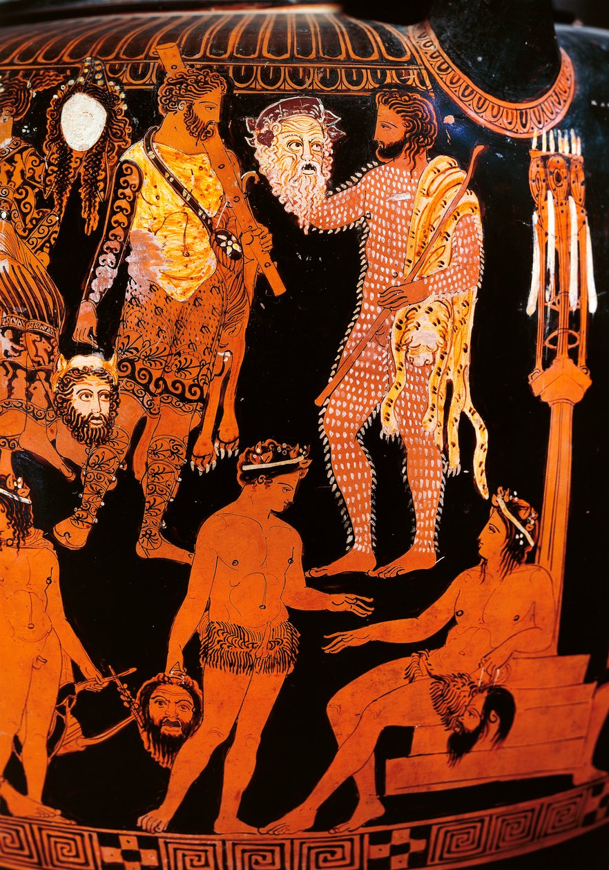 Cratère à volutes à figures rouges avec un acteur tenant son masque, de Ruvo, vers 410 av. J.-C. - Painter Pronomos