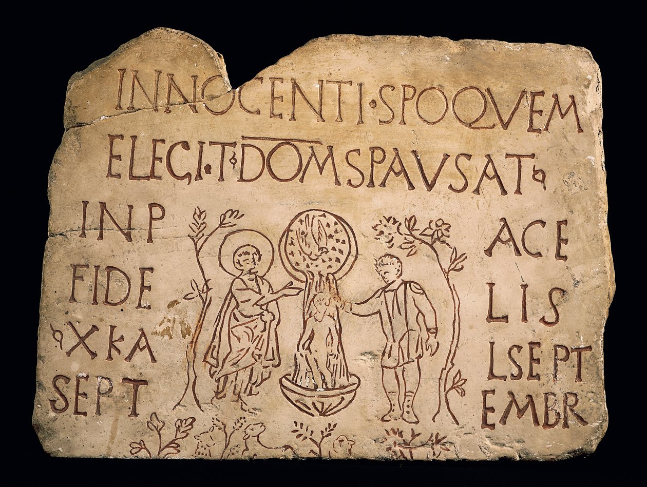 Pierre tombale avec inscription et le baptême du Christ, période paléochrétienne, 3ème siècle - Paleo Christian