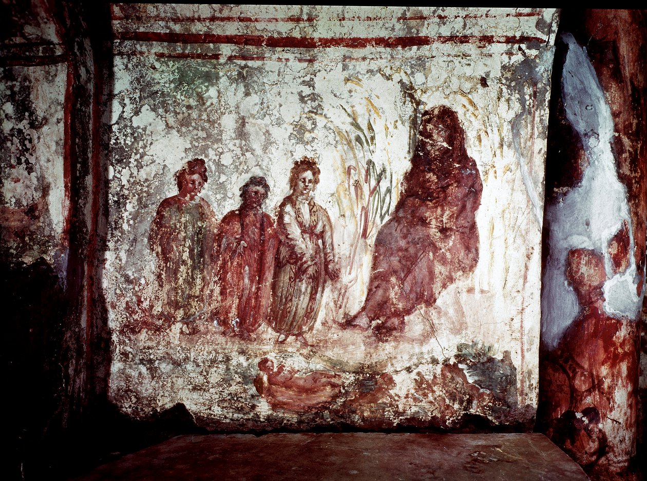 Art paléochrétien : Moïse sauvé des eaux du Nil par la fille de Pharaon. Fresque des catacombes de la Via Latina à Rome. 4e siècle - Paleo Christian