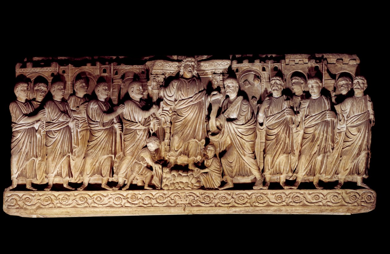 Art paléochrétien: sarcophage sculpté représentant le Christ avec les apôtres - Paleo Christian