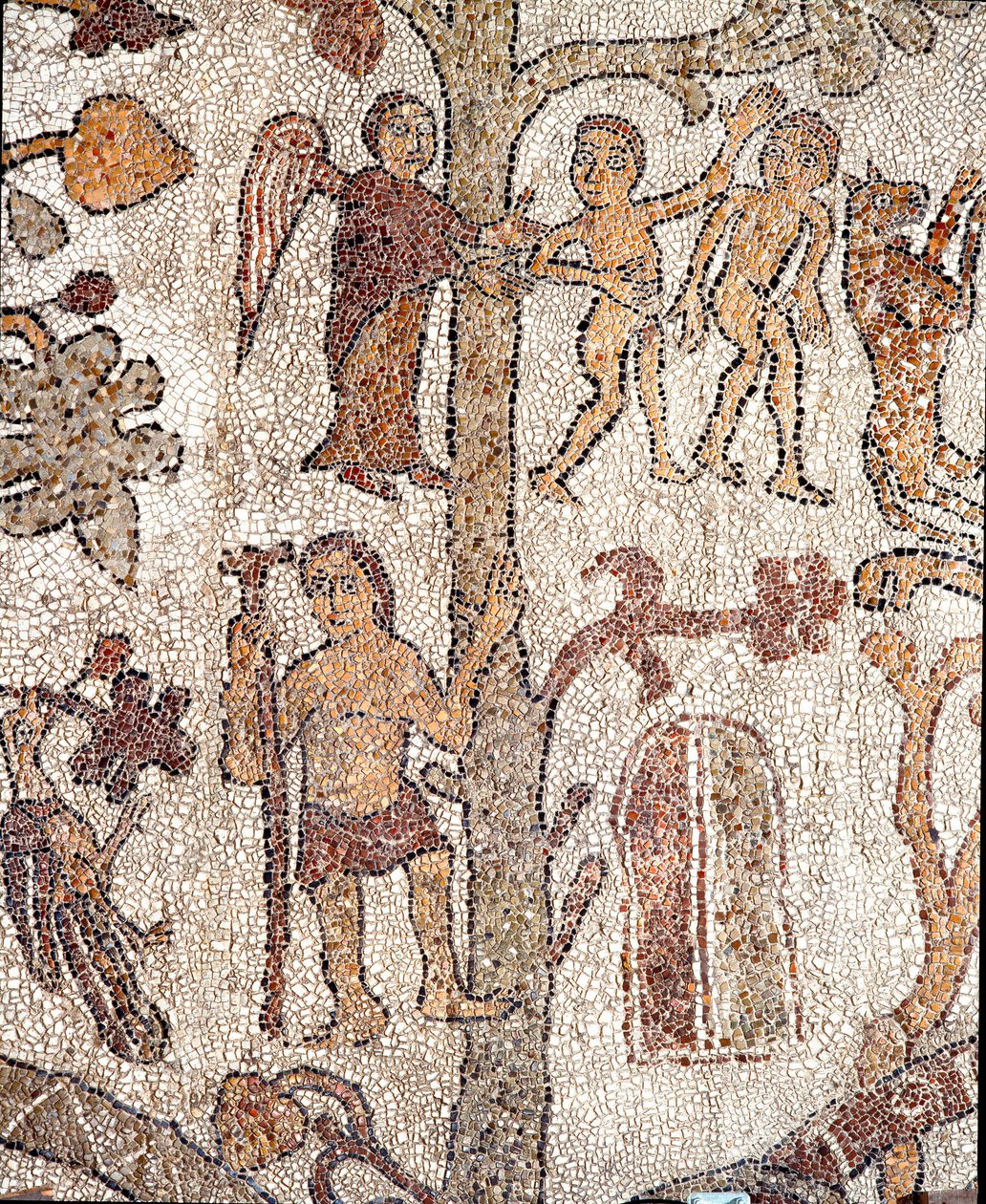 Adam et Ève chassés du Paradis terrestre, mosaïque de Pantaleone, prêtre et mosaïste. 1163-1166. Nef centrale de la cathédrale d