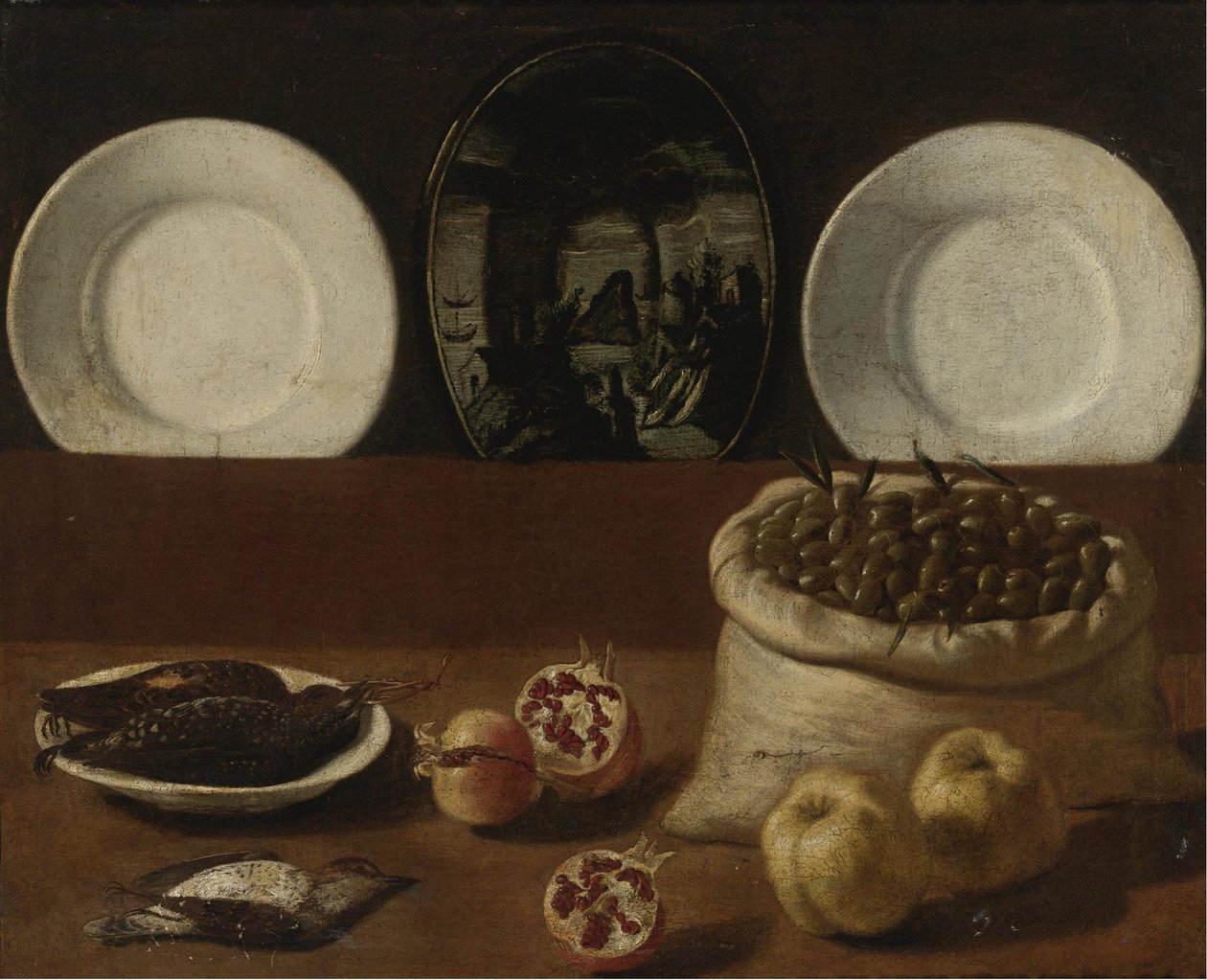 Nature morte avec assiettes, un sac rempli d