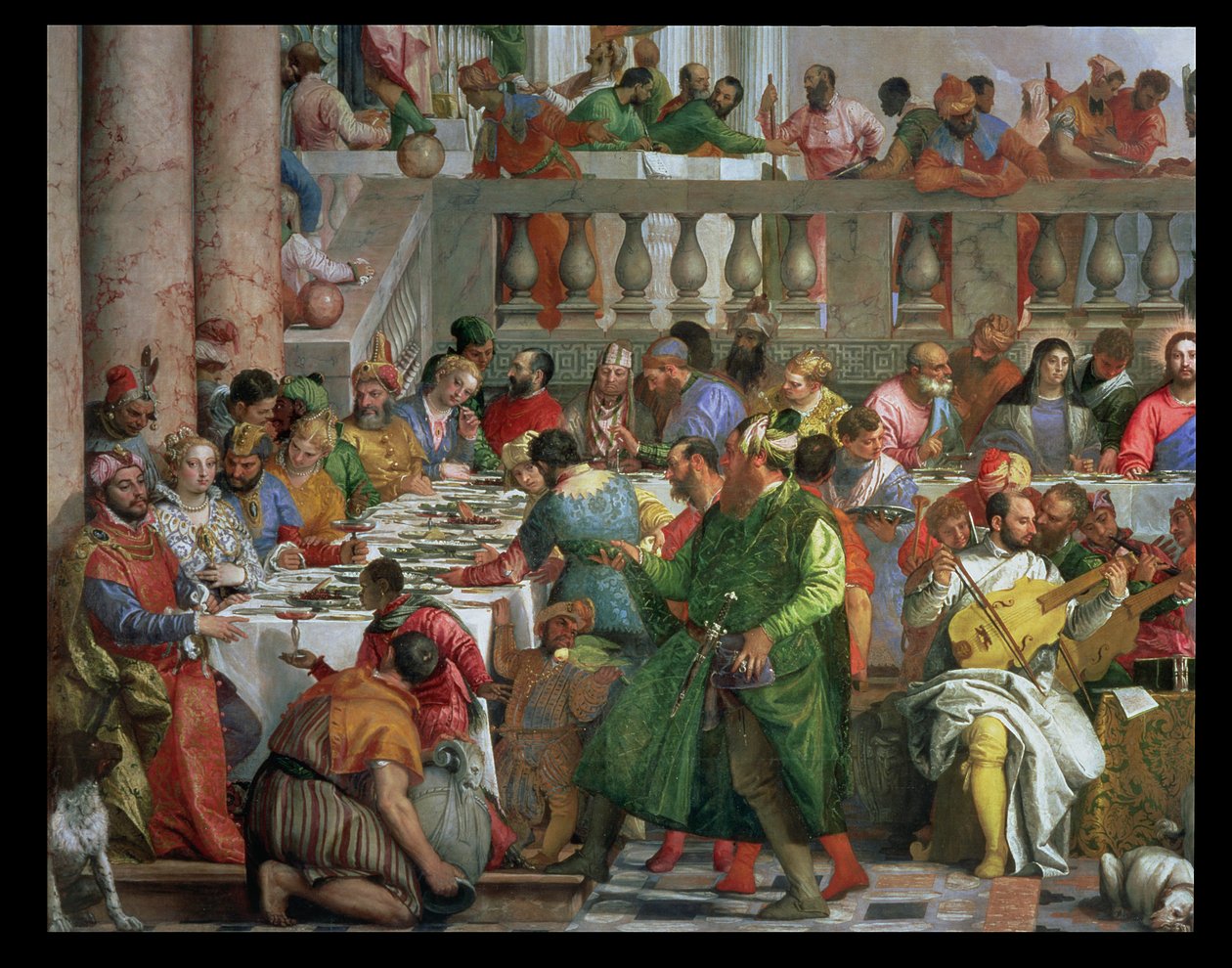 Les Noces de Cana, détail de la table de banquet avec un homme en robe verte et un nain avec un perroquet (détail) - Paolo Veronese