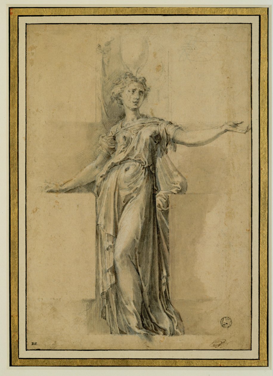 Une canephore. Encre brune, pierre noir, gouache sur papier beige ... - Parmigianino (1503-40)