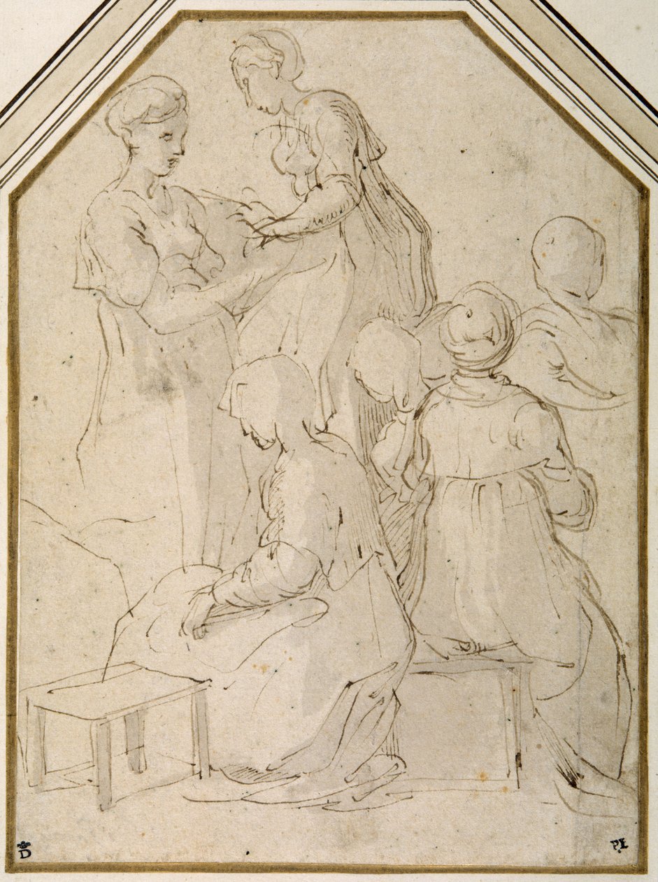 Groupe domestique, deux femmes debout et quatre assises - Parmigianino