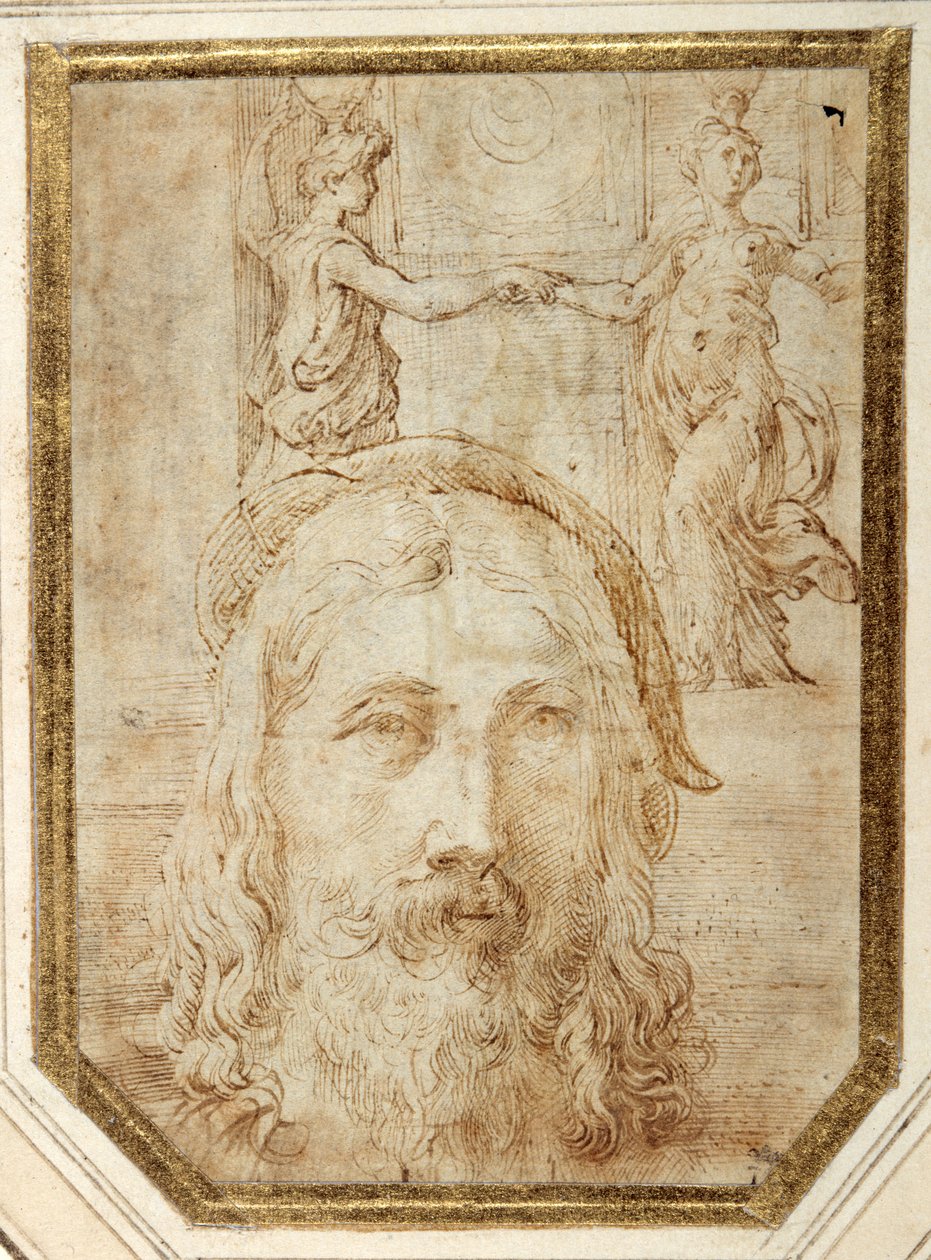 Autoportrait, imposé sur des études préliminaires pour deux canephores de la Steccata - Parmigianino