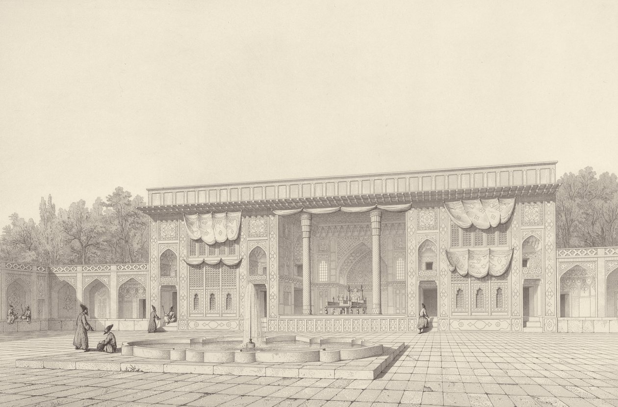 Pavillon du Trône, à Téhéran, du Voyage Pittoresque de Perse, gravé par Claude Sauvageot (1832-85) publié par Lemercier, Paris, 1856 - Pascal Xavier after Coste
