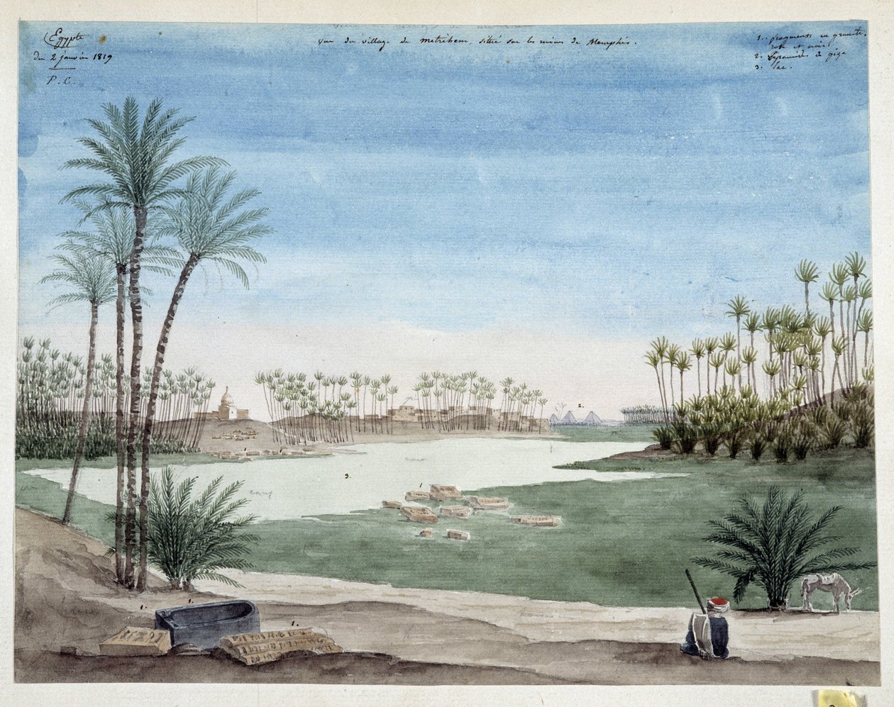 Égypte : Vue du village de Metriham près de Memphis. 1819 - Pascal Xavier (after) Coste