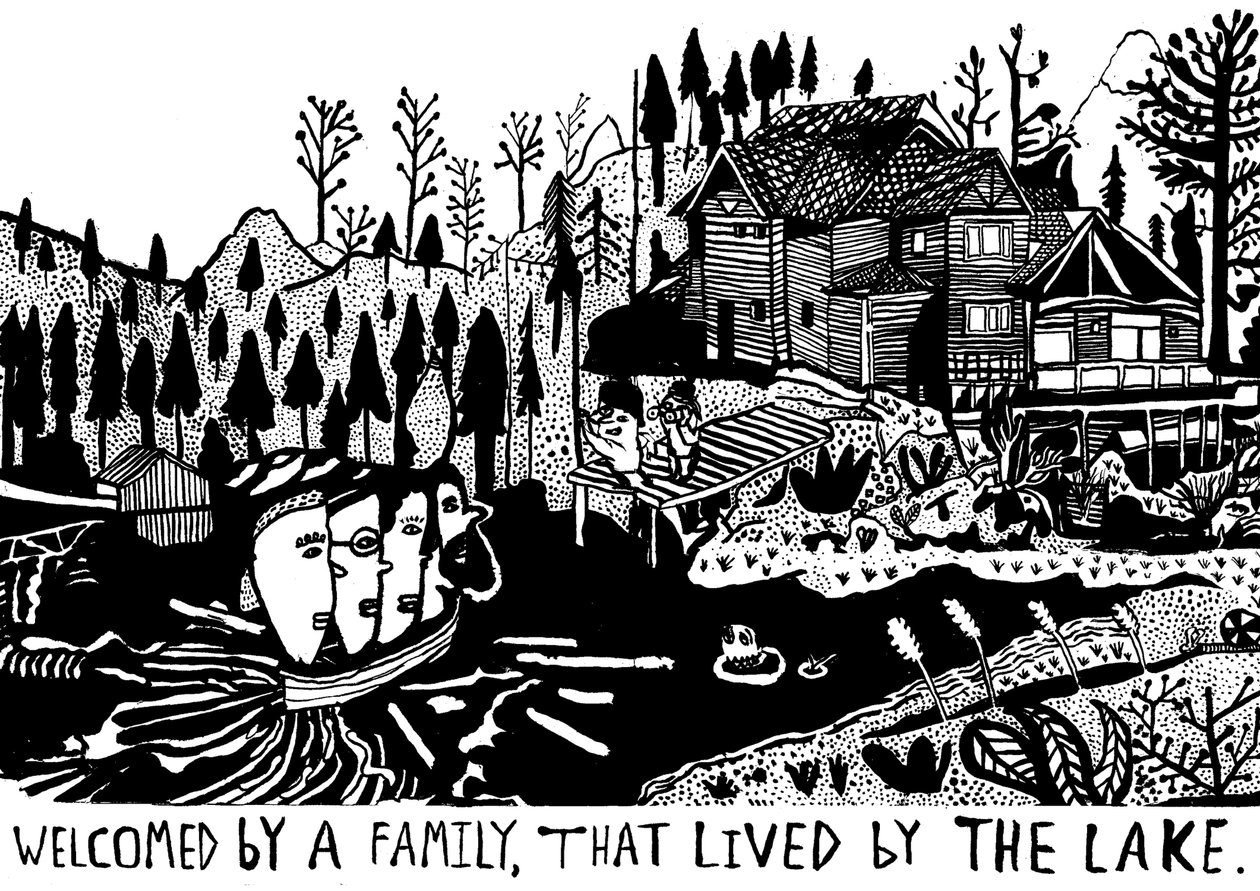 Accueillie par une famille, 2014 (encre et pinceau) - Pat Macdonald
