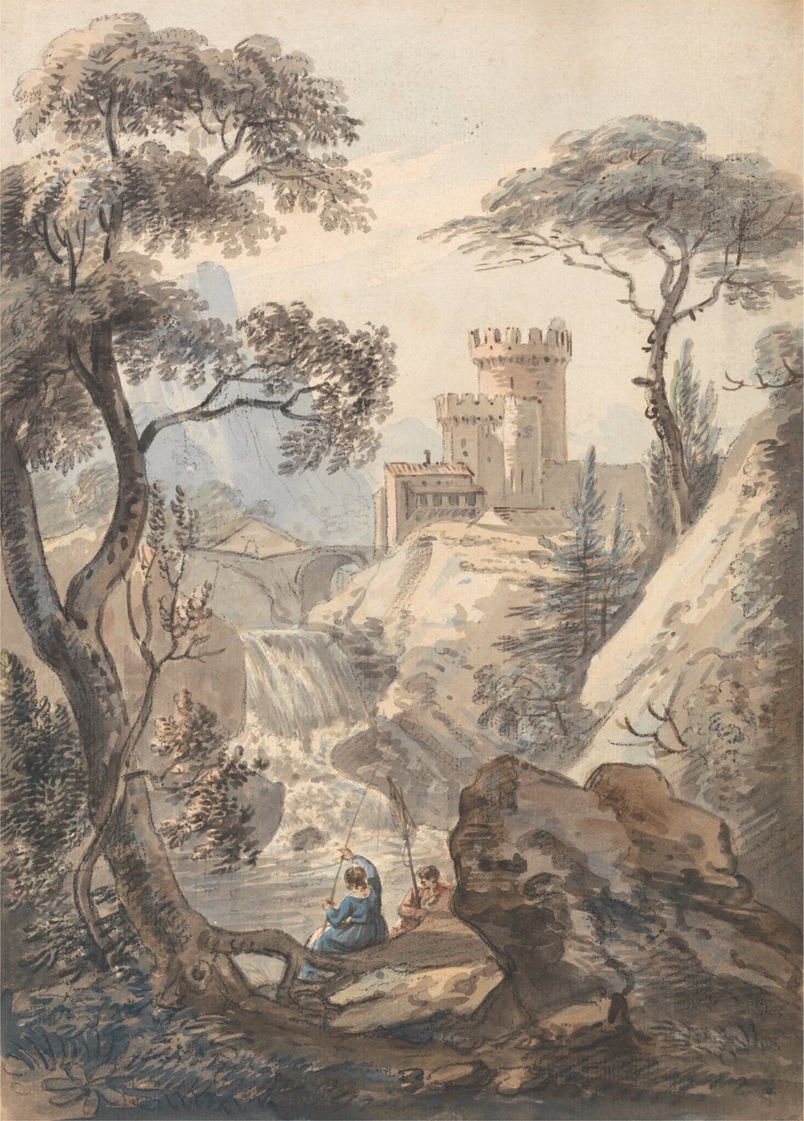 Paysage italianisant avec château, cascade et pêcheurs - Paul Sandby